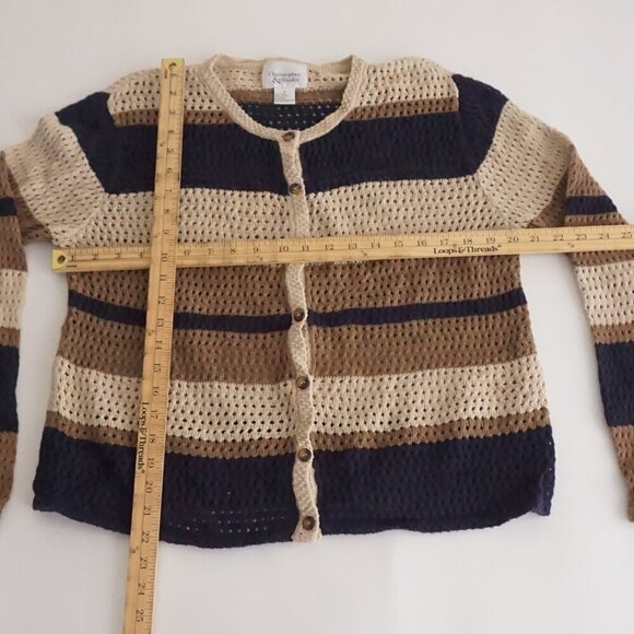 Vintage Christopher & Banks Navy Taupe Cotton Blend Button Cardigan Sweater M - Picture 3 of 9